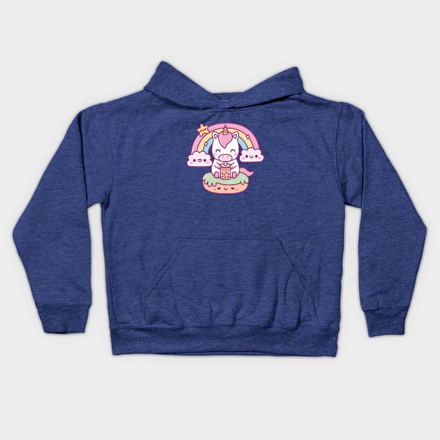 Cute Unicorn Drinking Bubble Tea, Rainbow And Clouds Kids Hoodie by rustydoodle